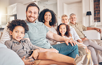 Buy stock photo Happy big family, portrait and sofa together for holiday weekend, break or bonding in relax at home. Parents, grandparents and children smile in happiness for quality time on couch in living room