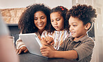 Cartoon, streaming and a family with a tablet in a house for communication or games. Website, education and children, mother and technology for online reading, movie or a meme on the internet