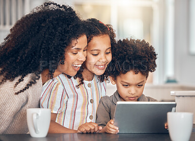 Buy stock photo Family, mother and children on tablet for home e learning, online education and watch or streaming cartoon. Happy african kids and mom on digital technology for teaching support and school website