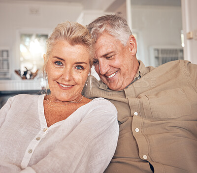Buy stock photo Old couple on couch, portrait and retirement together, love and care in marriage with people at home. Relax in living room, life partner and pension, man and woman bonding with trust and commitment