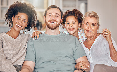 Buy stock photo Portrait, family and parents, grandmother and kid in home, bonding and relax together in living room. Face, father and mother, girl and grandma with interracial love, happy or smile for care in house