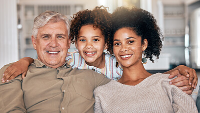 Buy stock photo Happy, interracial and portrait of family with hug, care and love for grandfather or mother on sofa. Smile, house and a girl child with a senior man and a mom in the lounge during a visit or bonding