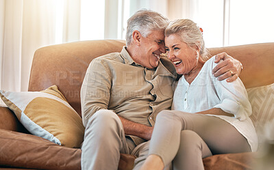 Buy stock photo Old couple on sofa, hug and retirement together, love and care in marriage with people at home. Relax in living room, life partner and pension, man and woman bonding with trust and commitment