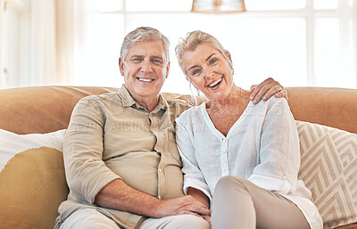 Buy stock photo Old couple, hug and portrait, retirement together with love and care in marriage, people on sofa at home. Relax in lounge, life partner and pension, man and woman bonding with trust and commitment