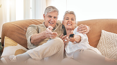 Buy stock photo Happy senior couple, watching tv and sofa in relax for streaming, movie or series in living room at home. Portrait of elderly man and woman smile with remote for changing channel and entertainment