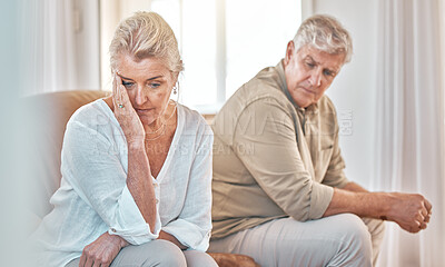 Buy stock photo Senior couple, divorce and headache in fight, conflict or argument on the living room sofa at home. Elderly man and frustrated woman in depression, cheating affair or toxic relationship in the house