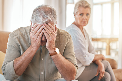 Buy stock photo Senior couple, divorce and conflict in fight, argument or disagreement on living room sofa at home. Elderly woman and frustrated man in depression, cheating affair or toxic relationship in the house