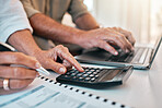 Hands, laptop and calculator for a home budget, planning retirement or online payment for banking. Accounting, couple or people with financial research, mortgage or analysis of tax paperwork