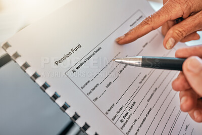 Buy stock photo Hand, pension document and pen for writing, sign and point for help, guide and financial advisor with info. Closeup, retirement paperwork and person for signature, support and reading for compliance