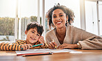 Mom, son child and portrait with homework, smile and helping with support, development and care in family home. Mother, boy kid and happy for learning, education and writing with studying for future