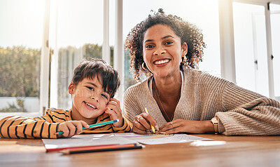 Buy stock photo Mom, son child and portrait with homework, smile and helping with support, development and care in family home. Mother, boy kid and happy for learning, education and writing with studying for future