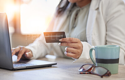 Buy stock photo Hands, online shopping and banking with professional woman on laptop for order on internet at office. Credit card, payment and finance worker typing on website for debit or digital money transfer.
