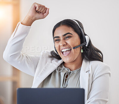 Buy stock photo Excited, success and a woman in a call center with a laptop for telemarketing, sales goal and target. Happy, celebrate and a young customer service employee with a smile for a consulting achievement