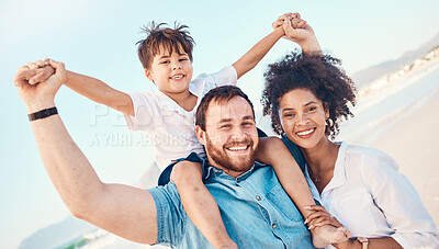 Buy stock photo Mother, father and a child happy at the beach while on a vacation, holiday or adventure. A woman, man and kid  on shoulders while together outdoor for summer fun and travel with multiracial family