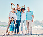 Parents, grandparents and a children at the beach for a family vacation, holiday or adventure. Portrait of multiracial men, women and young kids together outdoor for summer fun, bonding and travel