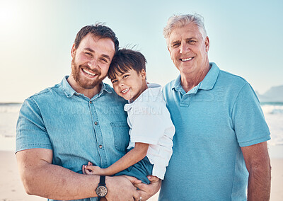 Buy stock photo Father, grandfather and a child happy at the beach while on a family vacation, holiday or adventure. A senior man, dad and boy kid together while outdoor for summer fun, portrait and travel by sea