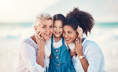 Buy stock photo Mother, grandmother and a child portrait at the beach while on a family vacation, holiday or adventure. A senior woman, mom and girl kid together with a smile while outdoor for summer fun and travel