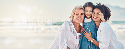 Buy stock photo Portrait of a mother, grandmother and child at the beach while on family vacation, holiday or adventure. Senior woman, mom and girl kid together outdoor for summer fun and travel with bokeh and space