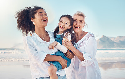 Buy stock photo Mother, grandmother and a child happy at the beach on a family vacation, holiday or adventure. Senior woman, mom and girl kid laugh together outdoor for summer fun, freedom and travel or quality time