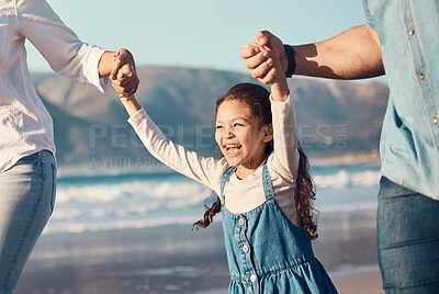 Buy stock photo Happy, excited and a child running at the beach on a family vacation, holiday or adventure in summer. Young girl kid holding hands with parents outdoor with fun energy, happiness and love at sea