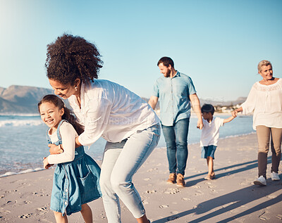 Buy stock photo Happy, child and a mother running at the beach on a family vacation, holiday or adventure in summer. Young girl kid playing with a woman outdoor with fun energy, happiness and love by the ocean