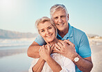 Beach, love and portrait of senior couple hugging in nature, holiday or romantic outdoor date together at the ocean, sea or sand. Happy, smile and people in a hug, embrace or happiness on anniversary