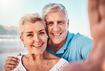 Selfie, smile and old couple on beach for holiday to celebrate love, marriage and memory on social media. Digital photography, senior man and happy woman relax on ocean retirement vacation together.