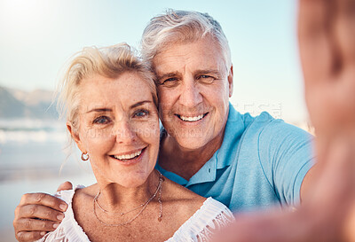 Buy stock photo Selfie, smile and old couple on beach for holiday to celebrate love, marriage and memory on social media. Digital photography, senior man and happy woman relax on ocean retirement vacation together.