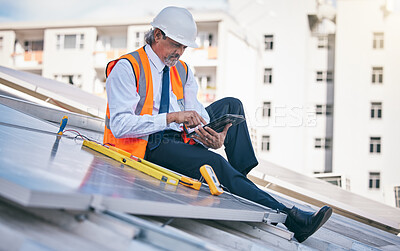 Buy stock photo Tablet, solar panels and engineering man in city, rooftop and urban development, sustainability or energy saving installation. Digital technology, inspection and electrician or person with power grid