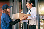 Delivery, courier and box with business man at front door for package, ecommerce and supply chain. Shipping, cargo and logistics with woman and customer for exchange, distribution and mail postage