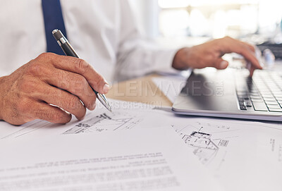 Buy stock photo Closeup of hand, paperwork and architect, blueprint and laptop with writing, contractor and building design. Construction documents, architecture and person with floor plan, tech and notes with pen