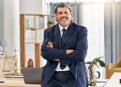 Buy stock photo Portrait, lawyer and arms crossed with smile  man in office for legal advice at law firm. Attorney, judge and male person with confidence as a work professional at consulting agency with happy face.