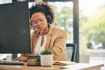 Buy stock photo Stress, call center and headache of woman at computer in customer service agency with pain, burnout and anxiety. Frustrated African consultant at desktop with challenge of client account problem