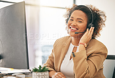 Buy stock photo Call center, African woman and portrait of telemarketing agent at computer for customer service, web support or CRM. Happy business consultant at desktop for sales consulting, telecom or contact