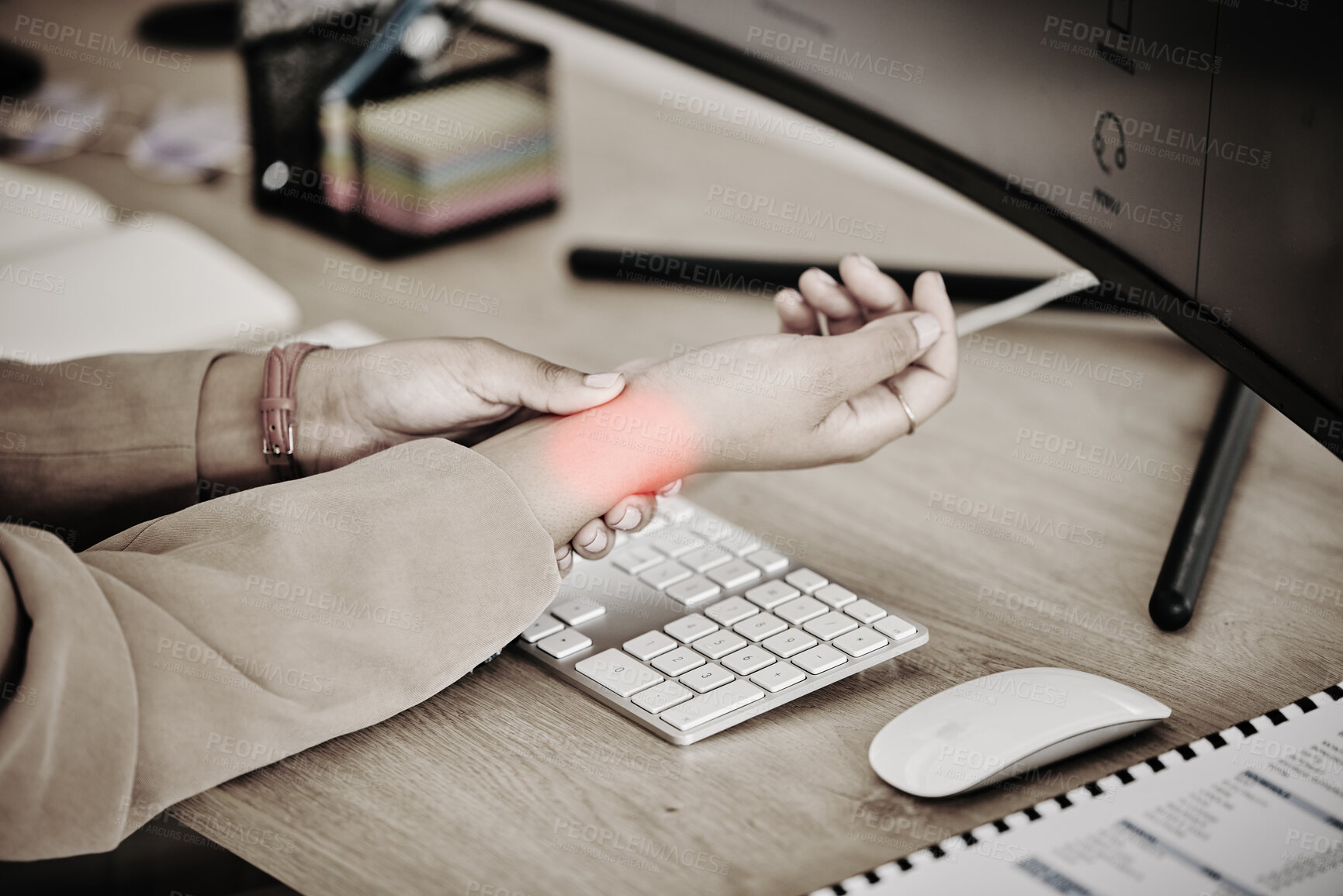 Buy stock photo Hands, business person and red wrist pain at computer for osteoporosis, orthopedic injury and health risk. Closeup of worker, carpal tunnel and glow of muscle problem in stress, fibromyalgia or sepia