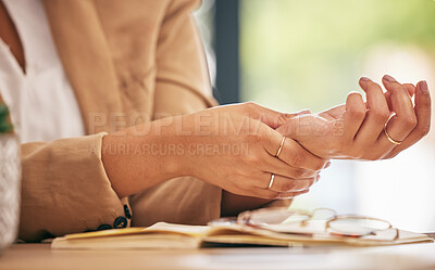 Buy stock photo Hands, business woman and pain in wrist from osteoporosis, orthopedic injury or health risk. Closeup of worker, carpal tunnel and muscle problem from joint stress, fibromyalgia or first aid in office