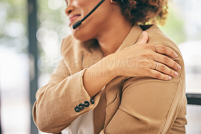Buy stock photo Shoulder pain, business woman and stress in call center of muscle injury, anxiety and bad posture in office. Closeup of tired female consultant with burnout, fatigue and problem of uncomfortable body