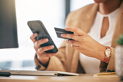 Buy stock photo Woman, credit card and hands with cellphone in office for finance, business accounting and password. Closeup of worker, smartphone and internet payment for online shopping, fintech and trading money