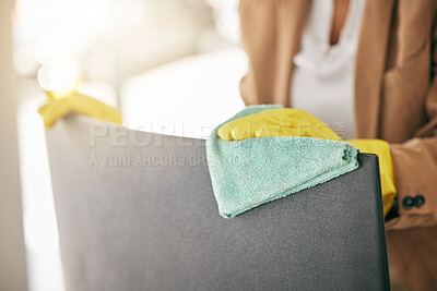 Buy stock photo Woman, hands and cleaning chair with cloth for hygiene, bacteria or germ removal at office. Closeup of female person, cleaner or maid wiping furniture at workplace in domestic service or disinfection