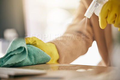 Buy stock photo Person, hands and detergent on table with cloth for hygiene, bacteria or germ removal at home. Closeup of cleaner, housekeeper or maid wiping furniture in domestic service or disinfection on surface