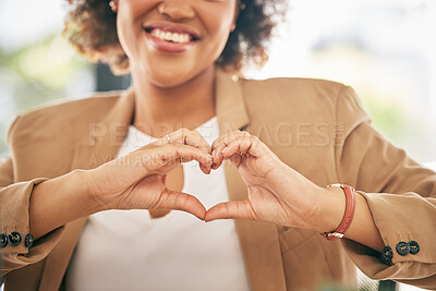 Buy stock photo Hands, heart and business woman with love emoji for care, kindness and like in office. Closeup of happy female worker with finger shape for thank you, trust and sign of hope, support icon and peace