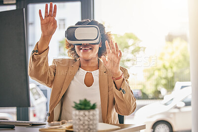 Buy stock photo VR, office and business woman with futuristic software, digital vision and user experience on 3d system. Virtual reality glasses, high tech and electronics of happy, professional person in metaverse