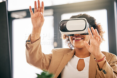 Buy stock photo Business woman, office and vr technology for system, metaverse and futuristic cyber media. Happy female worker, user experience and digital world with virtual reality glasses, software and UX project