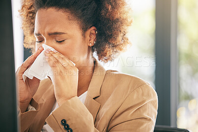 Business woman, sneeze and blowing nose with allergies, sick with virus or health issue while working at office. Corporate female, allergy and hayfever with illness, cold and flu with sinus problem