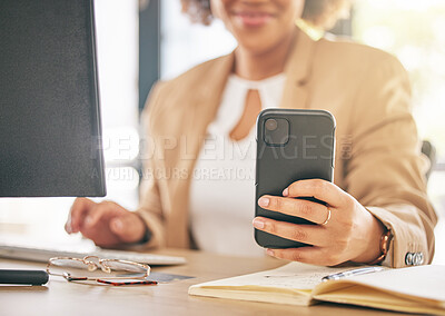 Buy stock photo Phone, computer and business woman hands for marketing communication, online planning and social media post. Planner, research and multimedia worker or person typing on mobile for time management job