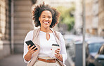 Coffee, phone and portrait of a black woman in the city for social media, travel or happy in the street. Smile, drink and an African girl with a mobile in the road for an app, website or a chat