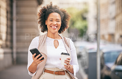 Buy stock photo Coffee, phone and portrait of a black woman in the city for social media, travel or happy in the street. Smile, drink and an African girl with a mobile in the road for an app, website or a chat