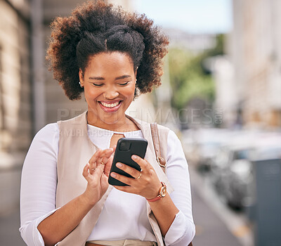 Buy stock photo Phone, smile and business woman walking and travel in a city typing on social media, online or internet to connect. Connection, smile and happy person texting a contact via email, web or mobile app