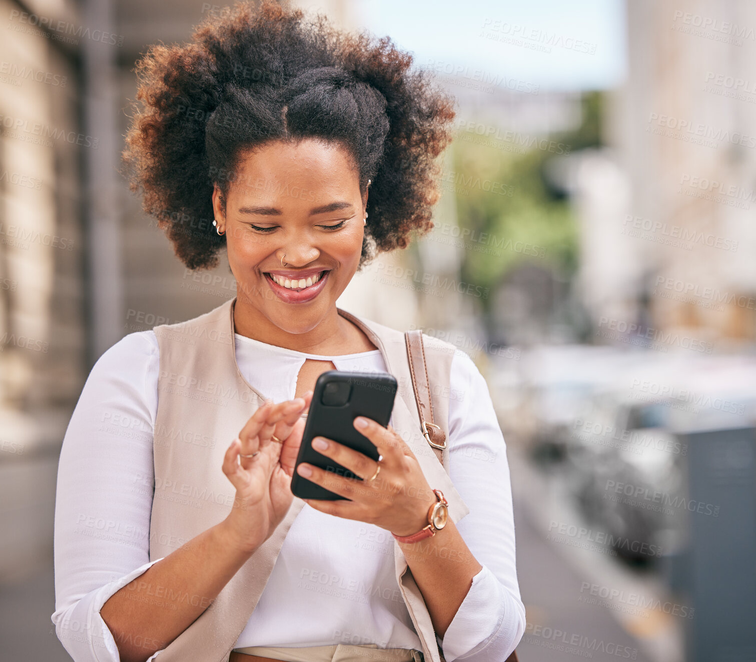 Buy stock photo Phone, smile and business woman walking and travel in a city typing on social media, online or internet to connect. Connection, smile and happy person texting a contact via email, web or mobile app