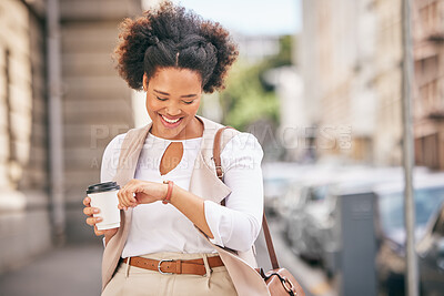 Buy stock photo Happy, woman and time for coffee break in the city before business, meeting and check watch in urban, town or outdoor. Work, schedule and African businesswoman walking in morning to corporate office